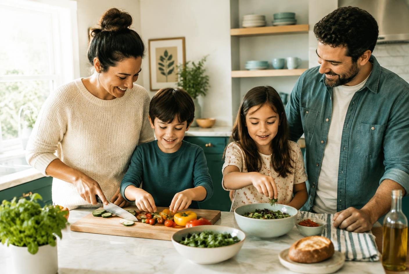 Two parents and two children preparing a simple meal together in a kitchen
