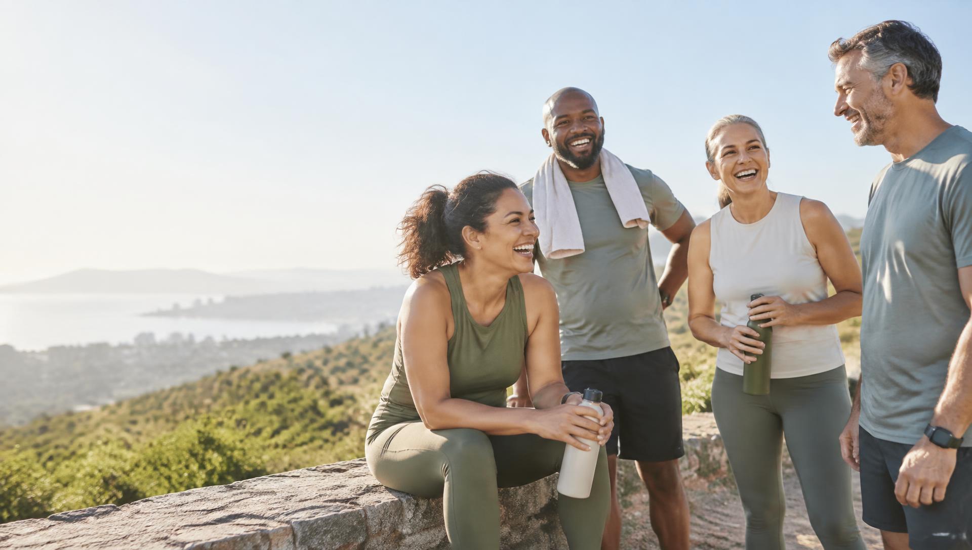 Adults of different ages resting and talking after exercising outdoors